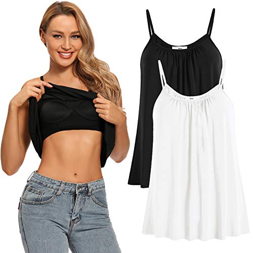 Damen Loose Camisole Top mit integriertem gepolstertem BH, fließend, plissiert, Tank Cami Top, 2 Stück, schwarz-weiß, XX-Large von Ibeauti