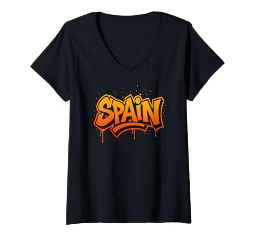 Damen Spanien Graffiti Typografie Fett Rot Orange Street Art T-Shirt mit V-Ausschnitt Damen Spanien Graffiti Typografie Fett Rot Orange Street Art T-Shirt mit V-Ausschnitt von Iberian Streetwear