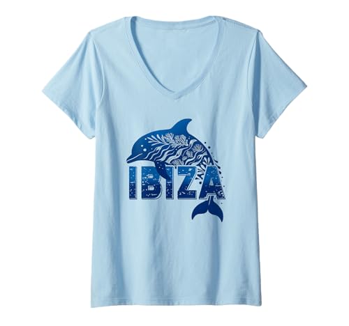 Damen Ibiza Delfin Balearen Spanien Mittelmeer T-Shirt mit V-Ausschnitt Damen Ibiza Delfin Balearen Spanien Mittelmeer T-Shirt mit V-Ausschnitt von Ibiza Balearic Islands Souvenirs