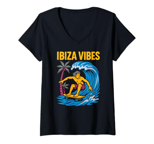 Damen Ibiza Surfen Ibiza Vibes Retro Herren Beach Life T-Shirt mit V-Ausschnitt von Ibiza Beach Life Surfs Up Skateboarding Apparel