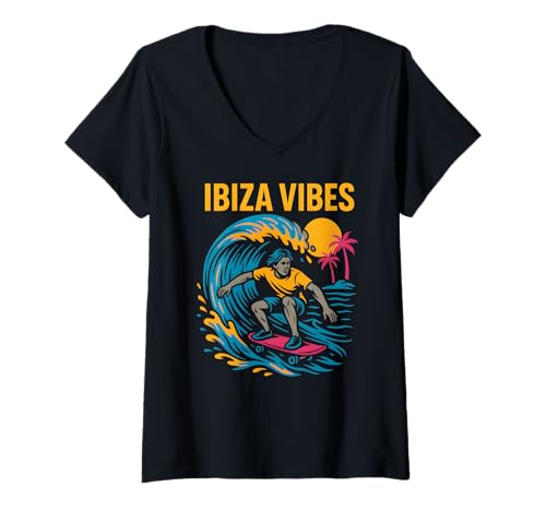 Damen Ibiza Surfen Ibiza Vibes Retro Herren Beach Life T-Shirt mit V-Ausschnitt von Ibiza Beach Life Surfs Up Skateboarding Apparel