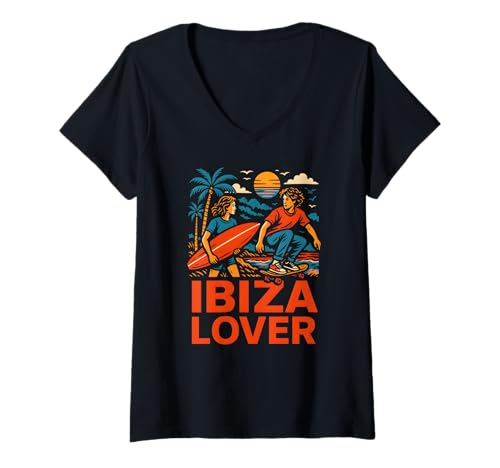 Damen Ibiza Surfer Ibiza Lover Retro Herren Coastal Living T-Shirt mit V-Ausschnitt von Ibiza Beach Life Surfs Up Skateboarding Apparel