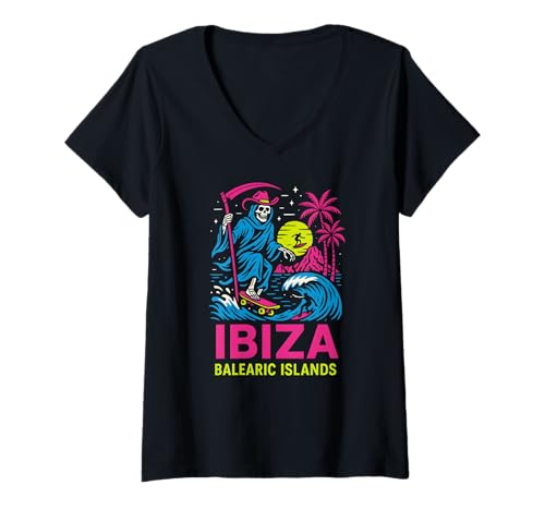 Damen Skateboarding Ibiza Balearen Retro Herren Beach Life T-Shirt mit V-Ausschnitt von Ibiza Beach Life Surfs Up Skateboarding Apparel