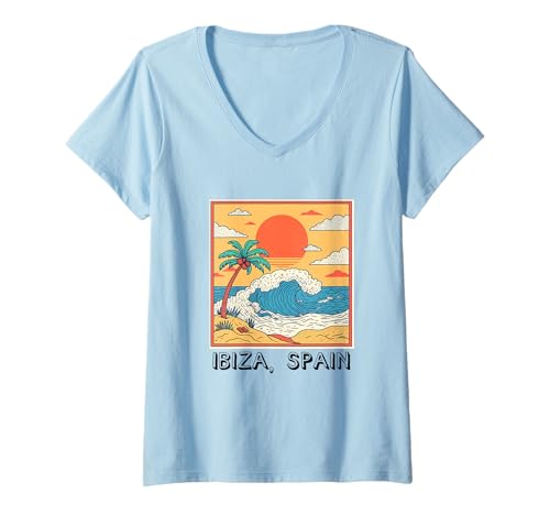 Damen Ibiza Spanien Souvenir España Skyline Reise Männer Frauen T-Shirt mit V-Ausschnitt von Ibiza Spain Souvenir Skyline