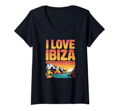 Damen Ich Liebe Ibiza Sunset Coastal Escape T-Shirt mit V-Ausschnitt Damen Ich Liebe Ibiza Sunset Coastal Escape T-Shirt mit V-Ausschnitt von Ibiza Sunset Beach Adventure Travel