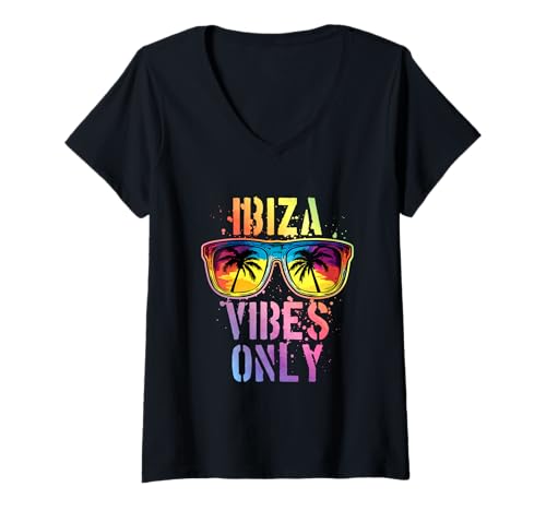 Damen Ibiza Vibes Only | Ibiza Party Zitat T-Shirt mit V-Ausschnitt Damen Ibiza Vibes Only | Ibiza Party Zitat T-Shirt mit V-Ausschnitt von Ibiza Sunshine Mood Inc