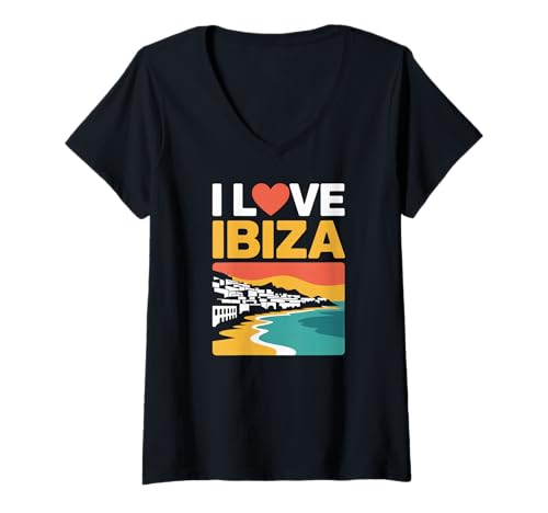 Damen Ich Liebe Ibizas Coastal Sunset Vibes T-Shirt mit V-Ausschnitt Damen Ich Liebe Ibizas Coastal Sunset Vibes T-Shirt mit V-Ausschnitt von Ibiza Travel Beach Vacation Apparel