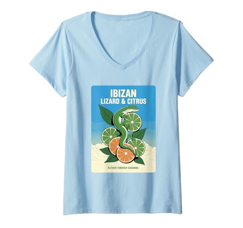 Damen Ibizenkische Echse, Zitrusfrüchte, Orange, Limette, Natur, Sonnenschein T-Shirt mit V-Ausschnitt Damen Ibizenkische Echse, Zitrusfrüchte, Orange, Limette, Natur, Sonnenschein T-Shirt mit V-Ausschnitt von IbizaCitrus