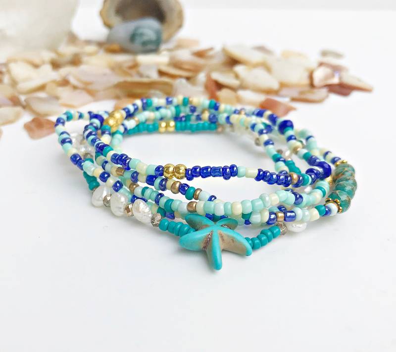 Armband Set - Boho Style | Blue Lagoon Perlenarmband Damen 5 Armbänder Meeresfarben von IbizaSchmuck
