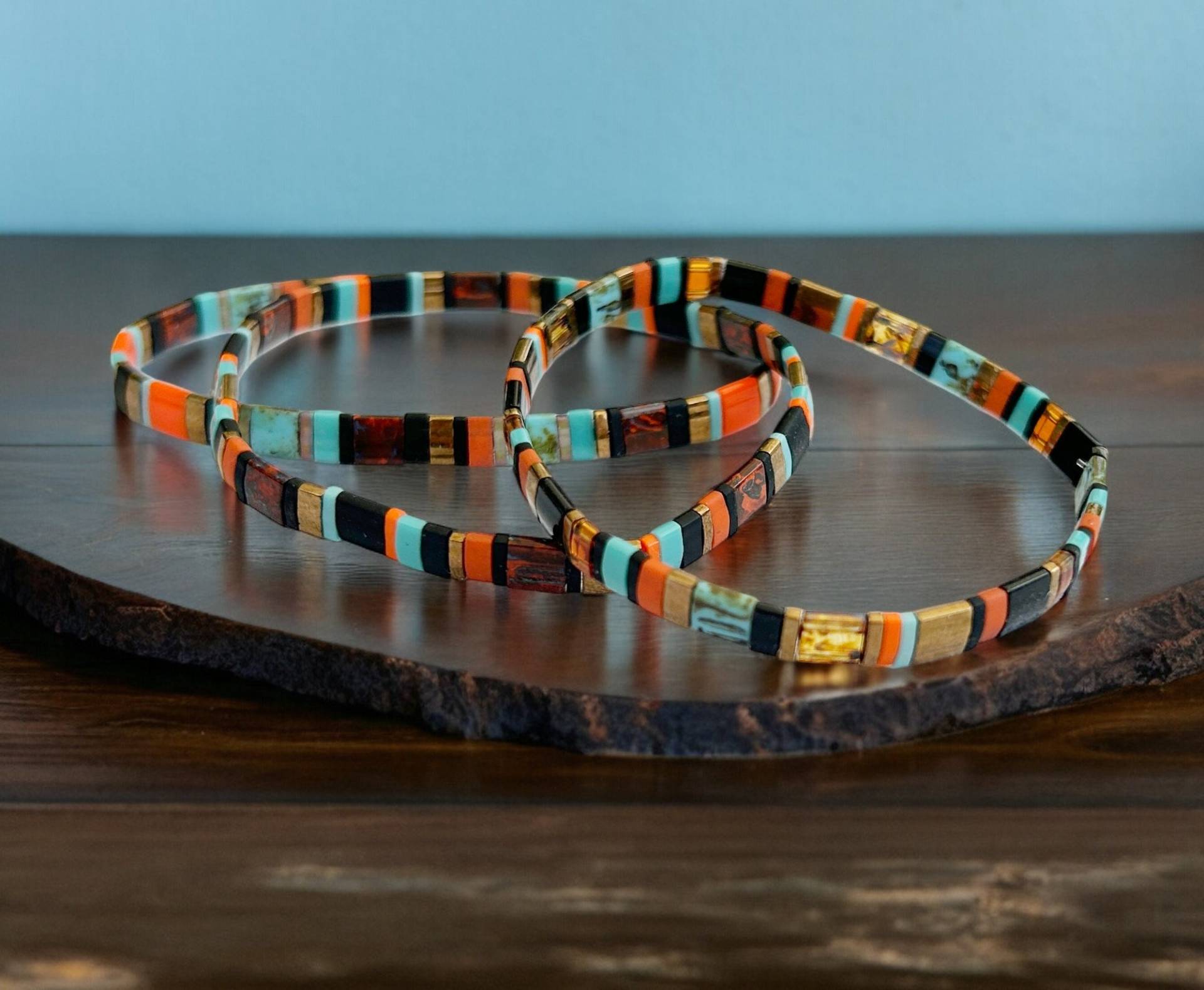 Armband Set - Boho Style Sunset | Perlenarmband Damen Orange Türkis Schwarz Gold| Armreif Schmal Ibiza Schmuck von IbizaSchmuck