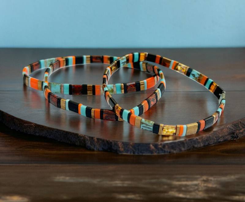 Armband Set - Boho Style Sunset | Perlenarmband Damen Orange Türkis Schwarz Gold| Armreif Schmal Ibiza Schmuck von IbizaSchmuck