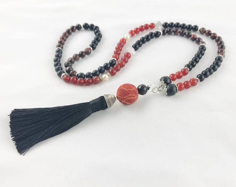 Boho Perlenkette Aus Edelsteinen Mit Quaste | Halskette Damen Lang Tigerauge Schaumkoralle Silber Ibizaschmuck von IbizaSchmuck