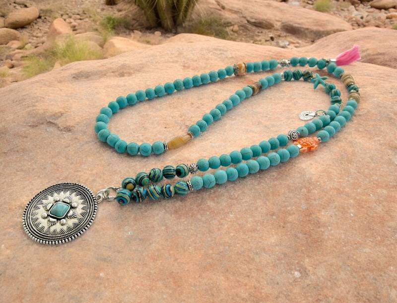 Boho Style Edelstein Perlenkette Deser Storm Lang Türkis Orange Silber | Halskette Ethno Damen Ibizaschmuck von IbizaSchmuck