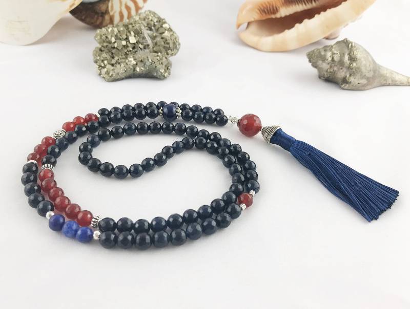 Boho Style Edelstein Perlenkette Lang Mit Quaste Blau Orange-Rot Silber | Halskette Damen Karneol Jade Ibizaschmuck von IbizaSchmuck
