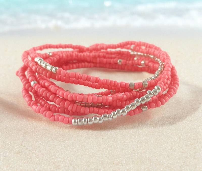 Boho Style Wickelarmband Coral Silver | Perlenarmband Damen Koralle Silber Mit Rocailles Perlen Ibiza Schmuck von IbizaSchmuck