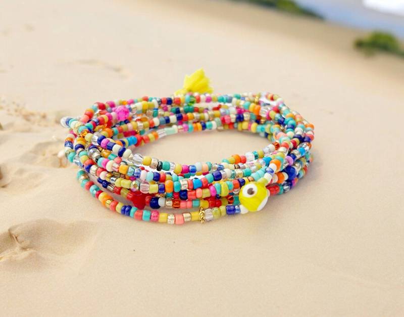 Boho Style Wickelarmband Nazaar | Perlenarmband Damen Glasperlenarmband Zartes Perlen Armband Rocailles Gelb Bunt Gold Ibizaschmuck von IbizaSchmuck