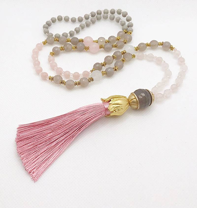 Boho-style Perlenkette Gold | Halskette Damen Mit Echtem Rosenquarz & Achat Und Langer Quaste Ibiza Schmuck von IbizaSchmuck