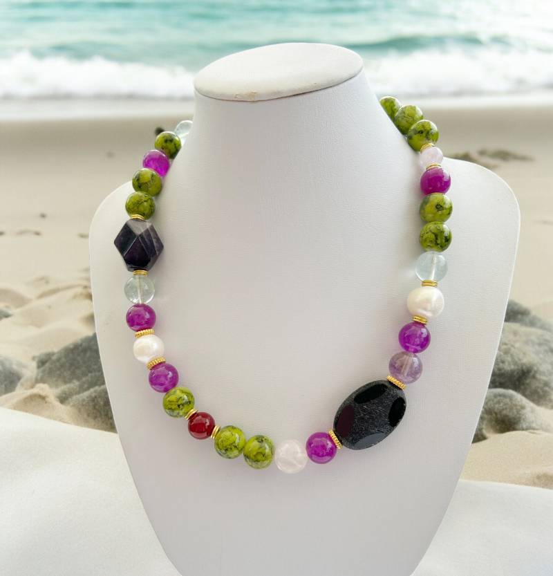 Boho-style Perlenkette Gold | Halskette Damen Mit Echten Süßwasserperlen, Amethyst & Achat Ibiza Schmuck von IbizaSchmuck