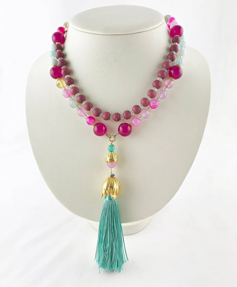 Boho-style Perlenkette Gold | Halskette Damen Mit Echter Jade, Achat & Langer Quaste Ibiza Schmuck von IbizaSchmuck