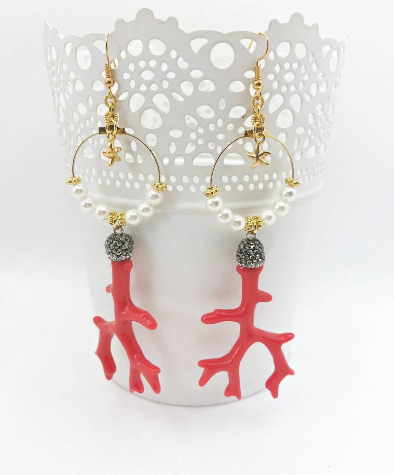 Ohrringe Gold - Boho Style | Hängend Anhänger Koralle Kristallschmuck Ohrhänger Rot Hängeohrringe Vergoldet Ibizaschmuck Ohrringe Gold - Boho Style | Hängend Anhänger Koralle Kristallschmuck Ohrhänger Rot Hängeohrringe Vergoldet Ibizaschmuck von IbizaSchmuck