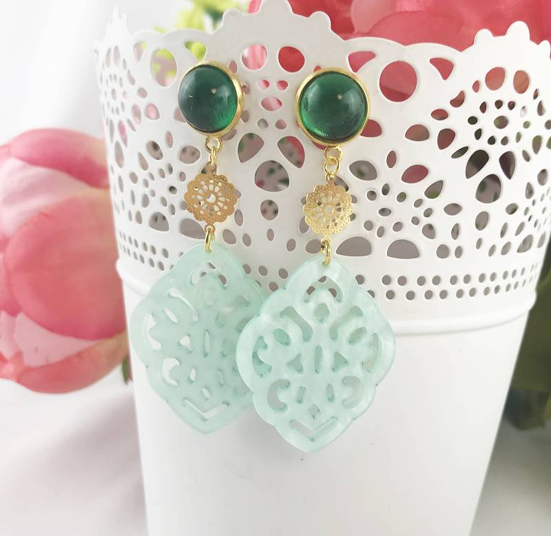 Ohrringe Gold - Boho Style | Hängend Aqua Türkis Statement Ohrstecker Mit Anhänger Ornament Ibiza Schmuck von IbizaSchmuck