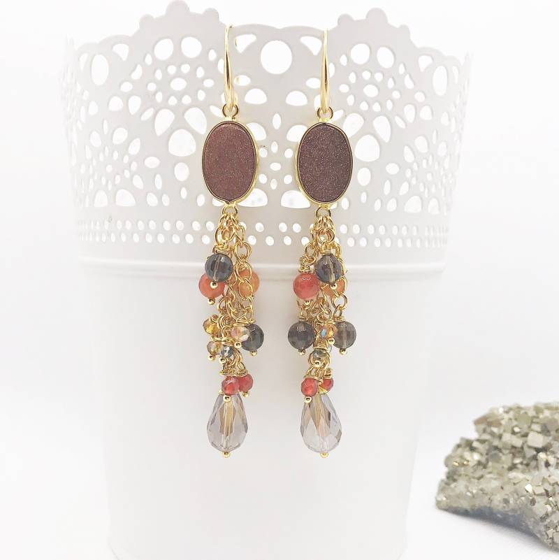 Ohrringe Gold - Boho Style | Hängend Echte Halbedelsteine Calcit Rauchquarz Achat Halbedelsteinohrringe Hängeohrringe Edelstein von IbizaSchmuck