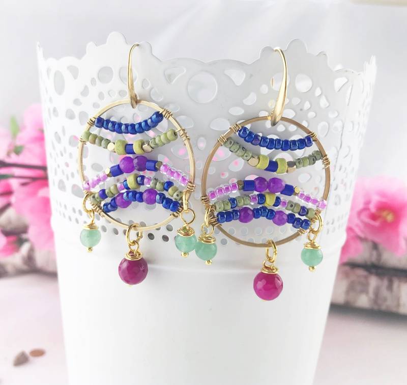 Ohrringe Gold - Boho Style | Hängend Grenada Halbedelsteine Designerohrringe Bunt Edelsteinohrringe Creolen Perlen Hängeohrringe von IbizaSchmuck