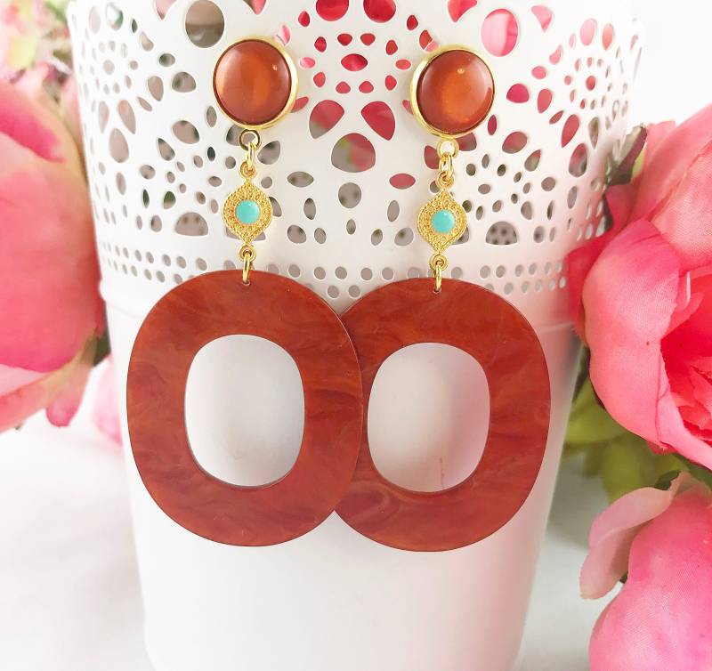 Ohrringe Gold - Boho Style | Hängend Orange Türkis Mit Emailliertem Ornament Hornschmuck Statement Creolen Ibiza Schmuck Ohrringe Gold - Boho Style | Hängend Orange Türkis Mit Emailliertem Ornament Hornschmuck Statement Creolen Ibiza Schmuck von IbizaSchmuck