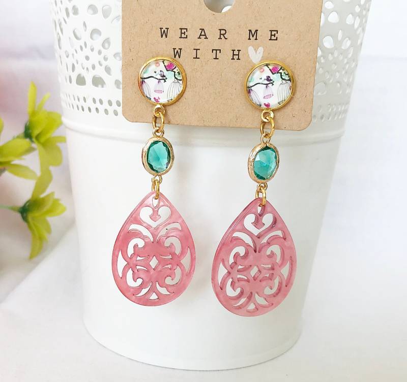 Ohrringe Gold - Boho Style | Hängend Türkis Rosa Hängeohrringe Hornschmuck Hornohrringe Statement Kristallschmuck Ohrringe Gold - Boho Style | Hängend Türkis Rosa Hängeohrringe Hornschmuck Hornohrringe Statement Kristallschmuck von IbizaSchmuck