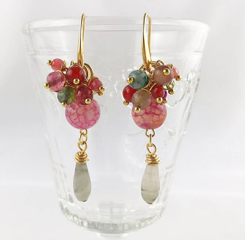 Ohrringe Gold - Boho Style | Romy Hängend Rosa Grün Achat Edelsteinohrringe Hängeohrringe von IbizaSchmuck