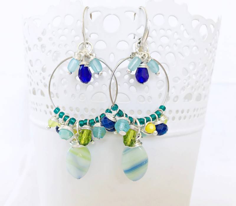 Ohrringe Silber - Boho Style | Blue Lagoon Hängend Nereide Blau Gelb Designerohrringe Creolen Perlen Türkis Hängeohrringe von IbizaSchmuck