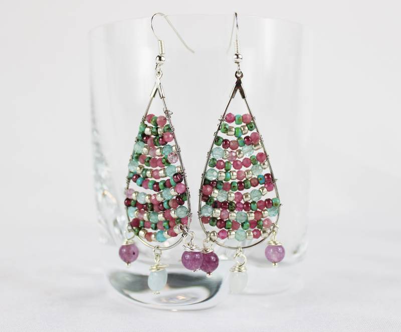 Ohrringe Silber - Boho Style | Gem Drop Hängend Türkis Rosa Edelsteinohrringe Turmalin Apatit Hängeohrringe von IbizaSchmuck