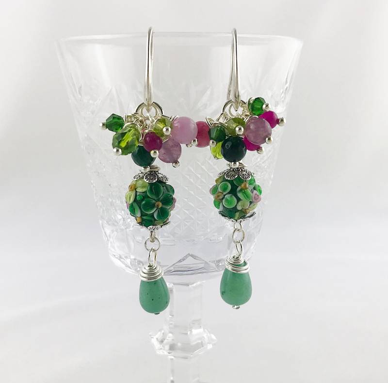 Ohrringe Silber - Boho Style | Green Hill Hängend Pink Grün Jade Edelsteinohrringe Hängeohrringe von IbizaSchmuck