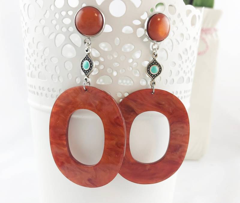Ohrringe Silber - Boho Style | Hängend Orange Türkis Mit Emailliertem Ornament Hornschmuck Statement Creolen Ibiza Schmuck Ohrringe Silber - Boho Style | Hängend Orange Türkis Mit Emailliertem Ornament Hornschmuck Statement Creolen Ibiza Schmuck von IbizaSchmuck