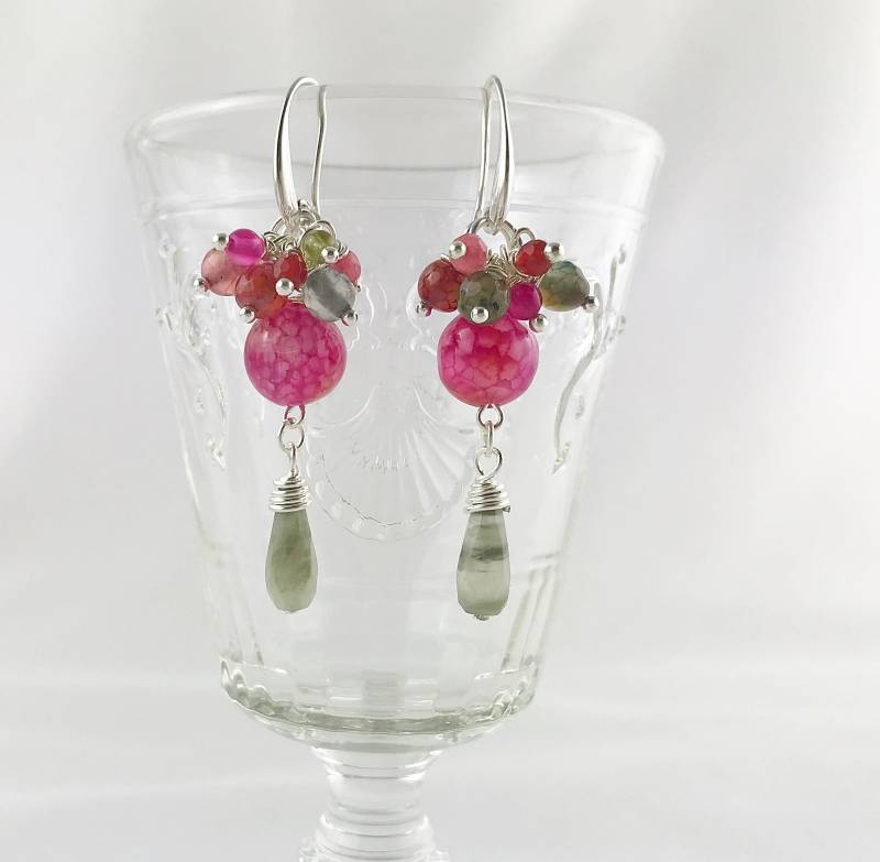Ohrringe Silber - Boho Style | Romy Hängend Rosa Grün Achat Edelsteinohrringe Hängeohrringe von IbizaSchmuck