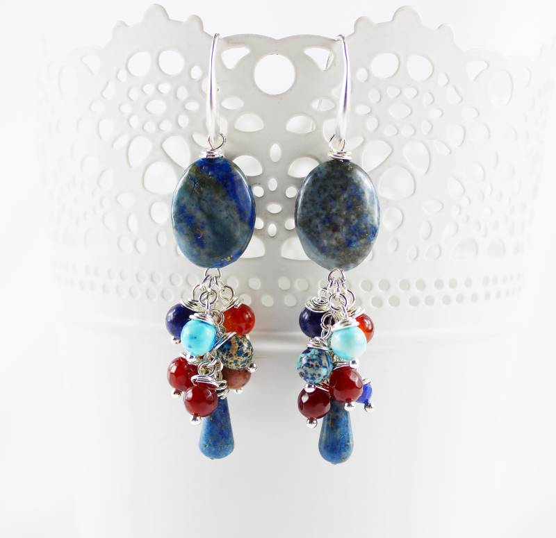 Ohrringe Silber - Boho Style | Siberia Hängend Blau Rot Lapislazuli Edelsteinohrringe Hängeohrringe von IbizaSchmuck