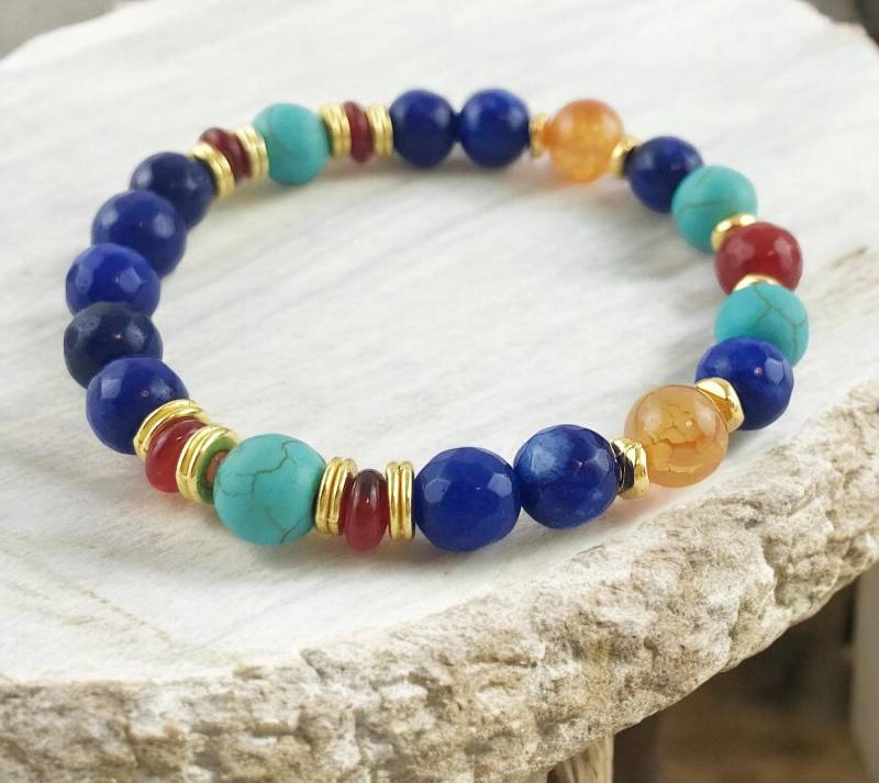 Perlenarmband Cocoon Gold Damen | Boho Style Armband Royalblau Mit Karneol Türkis Edelsteinarmband Ibiza Schmuck von IbizaSchmuck