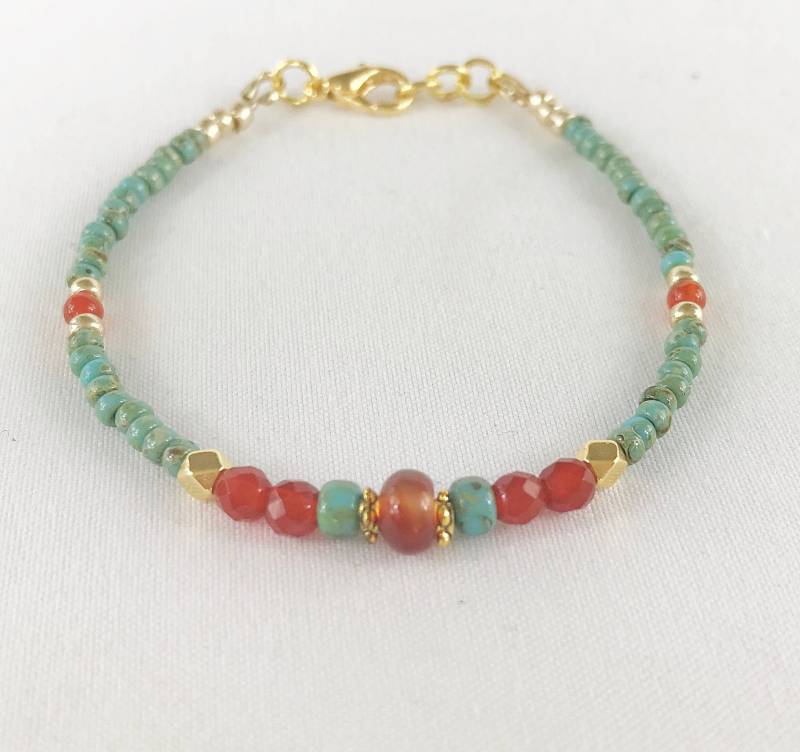 Perlenarmband Meknes Gold Damen | Halbedelsteinarmband Armband Karneol Halbedelstein Orange Türkis Ibizaschmuck von IbizaSchmuck