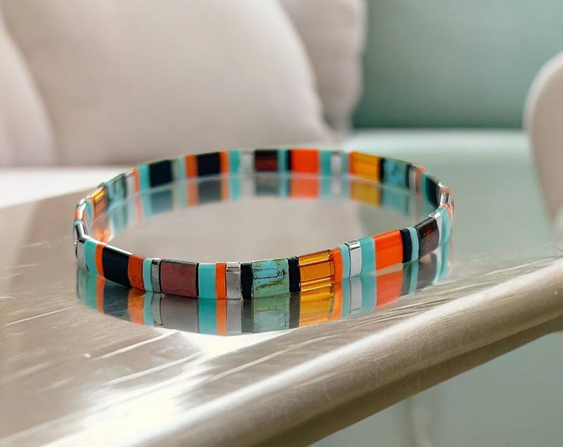 Perlenarmband Orange Poppy Silber Damen | Boho Style Orange Türkis Schwarz Ibizaschmuck Armreif Schmal von IbizaSchmuck