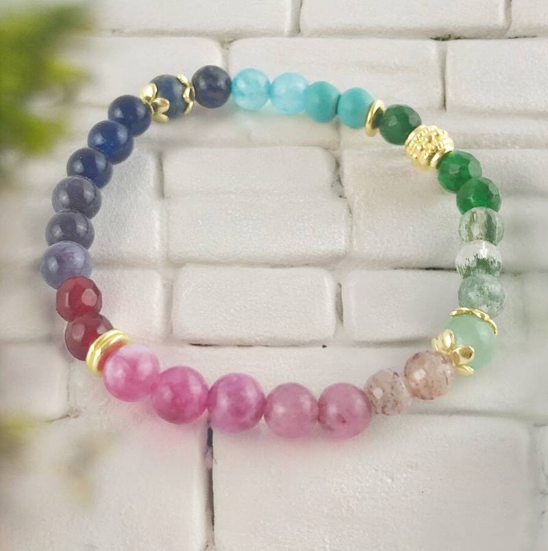 Perlenarmband Rainbow Gold Damen | Boho Style Regenbogen Bunt Rubin Armband Stapelbar Ibiza Schmuck von IbizaSchmuck