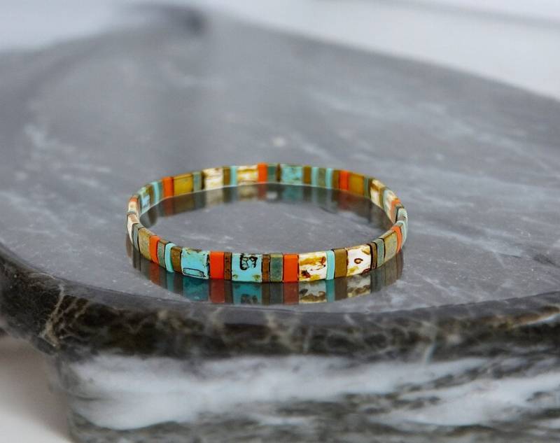 Perlenarmband Rhodos Gold Damen | Boho Style Orange Türkis Ibizaschmuck Armreif Schmal von IbizaSchmuck