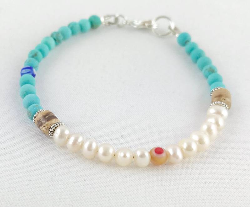 Perlenarmband Silber Damen | Boho Style Süßwasserperlen Türkis Millefiori Armband Edelstein Im Boho-Style Ibiza Schmuck von IbizaSchmuck