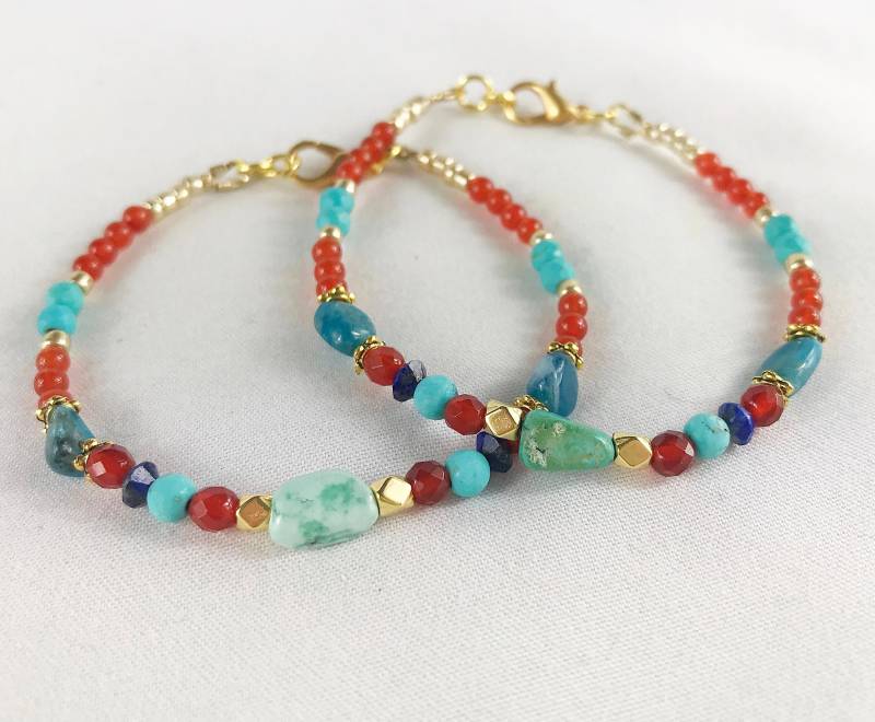 Perlenarmband Washakie Gold Damen | Halbedelsteinarmband Armband Türkis Karneol Edelstein Halbedelstein Orange Türkis Ibizaschmuck von IbizaSchmuck