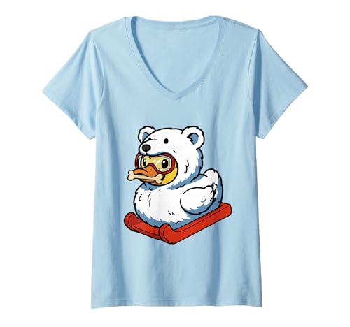 Damen Eisbär Ente T-Shirt mit V-Ausschnitt von Ice Bear Duckling White Bear
