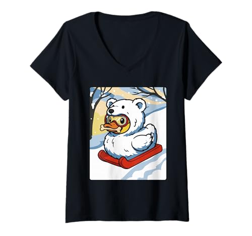 Damen Eisbär Ente T-Shirt mit V-Ausschnitt Damen Eisbär Ente T-Shirt mit V-Ausschnitt von Ice Bear Duckling White Bear