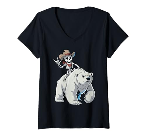Damen Eisbär Cowboy Skelett Halloween T-Shirt mit V-Ausschnitt Damen Eisbär Cowboy Skelett Halloween T-Shirt mit V-Ausschnitt von Ice Bear Spooky White Bear for Kids and Bear Fans