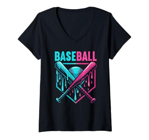 Damen Baseball Dripping Ice Cream Drip Baseballhandschuh Sport für Kinder T-Shirt mit V-Ausschnitt von Ice Cream Baseball Drip Graphics Boys Youth Men
