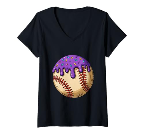 Damen Baseball Ice Cream Drip Baseball Dripping Sport für Mädchen und Kinder T-Shirt mit V-Ausschnitt von Ice Cream Baseball Drip Graphics Boys Youth Men