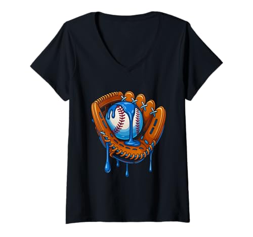 Damen Drip Baseball Catcher für Kinder mit tropfenden Handschuhen für Baseball-Eiscreme T-Shirt mit V-Ausschnitt von Ice Cream Baseball Drip Graphics Boys Youth Men