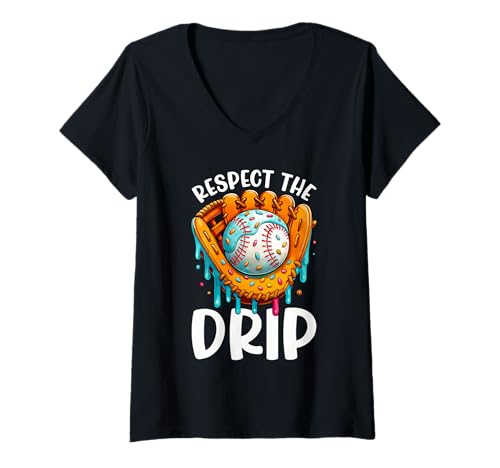 Damen Respect The Drip Baseball Dripping Ice Cream Drip Drip Handschuh für Kinder T-Shirt mit V-Ausschnitt von Ice Cream Baseball Drip Graphics Boys Youth Men